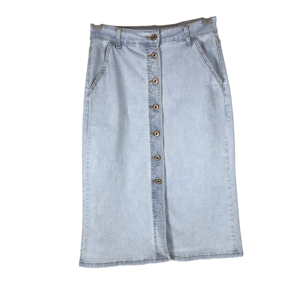 Cyclon Denim Skirt Women’s Large Light Blue Wash Button Front Stretch Casual